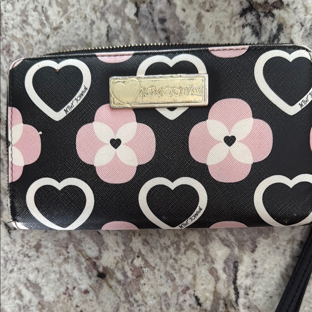 Betsey Johnson Black and Pink Heart Floral Wallet